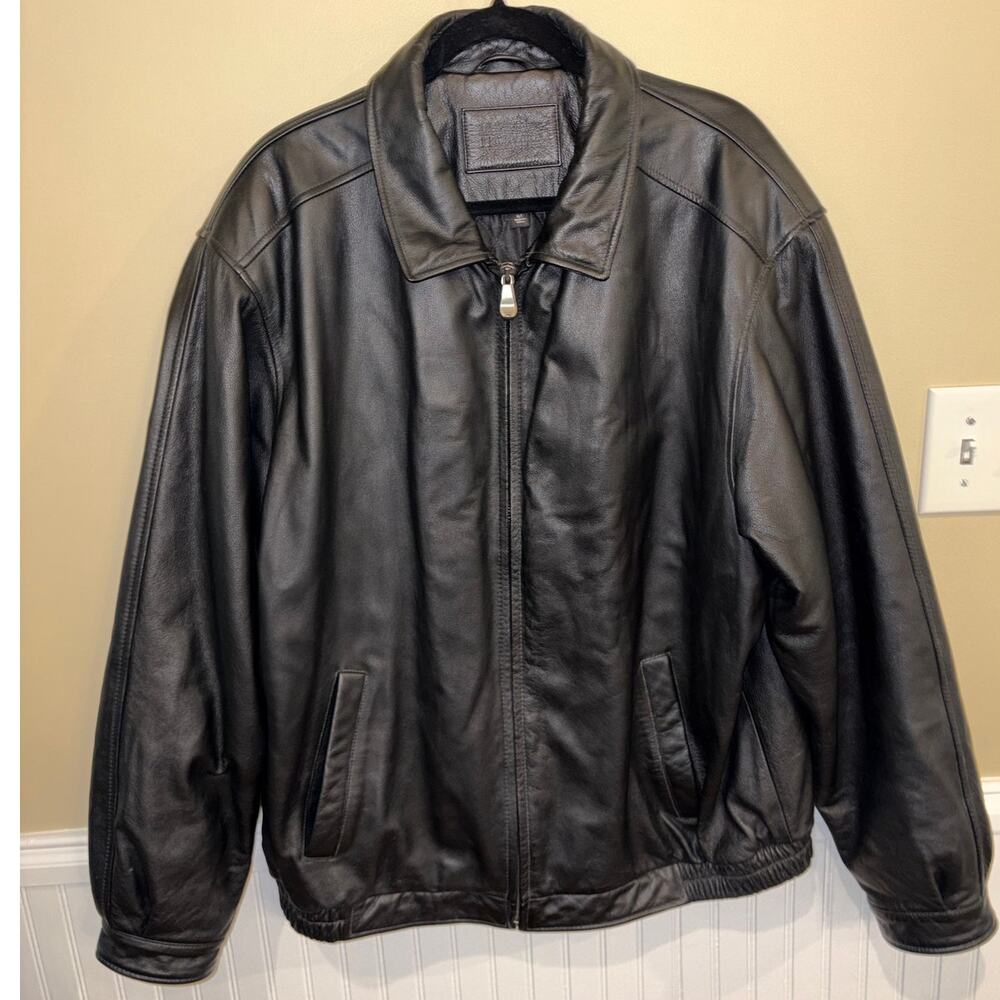 Croft & Barrow Leather Bomber Jacket XLT Black Lined Overcoat Mens 90s Classic